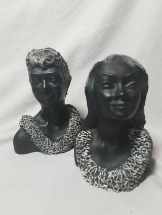 Frank Schirman Hawaii Exotic Black Coral Sculptures Man Woman Busts 1967 & 71