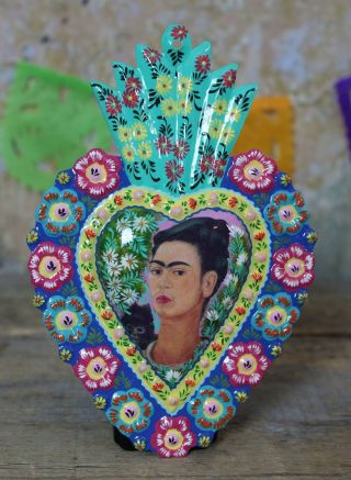 Milagro Ornament Frida Kahlo & Her Pet Monkey Portrait Folk Art Peru Handmade