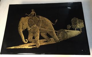 Vintage Asian Black Lacquer Wall Plaque Art Gold Man On Elephant
