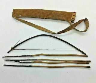 Vintage Hand Made Southwest Miniature Bow,  Arrow,  & Quiver.  Wood & Leather 6 Pc