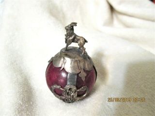 Asian Chinese Red Marble Ball Wrapped In Metal Long Horn Goat On Top 2 " Tall