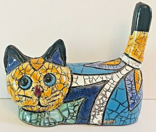 Vintage Mexican Talavera Pottery Animal Cat Figure Folk Art Kitten 4.  5 " Unique
