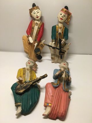 Asian Wood Carving Thai Musicans Wall Hangings Thailand Set Of 4