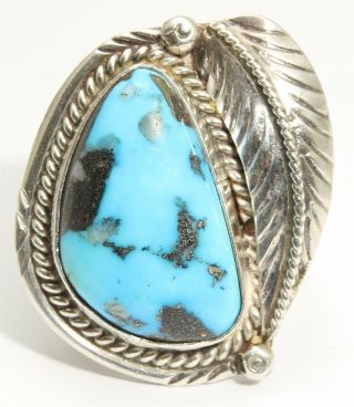 Vintage Navajo Sterling Silver Large Old Pawn Blue Turquoise Floral Blossom Ring