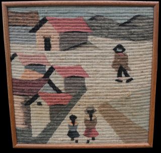 Vintage Hand Woven Peruvian Folk Art Wool Tapestry - Village Scene