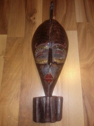 Vtg Wood Carved African Face Mask Wall Decor Metal Details Hand Made In Ghana