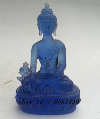 Rare Blue Chines Crystal Glass Liuli Buddha Statue