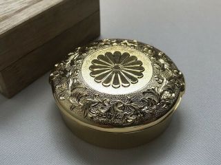 24kgp Golden Stamp Ink Pad Samurai Kamon Lidded Wooden Box Japanese Vtg N51
