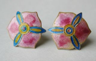 Vintage Chinese Sterling Silver Pink Enamel Flower Blossom Pierced Earrings