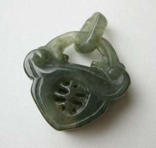 Vintage Chinese Carved Green Serpentine Jade Lock Necklace Pendant