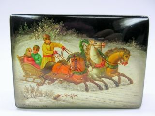 Vintage Russian Hand Painted Lacquer Box With Winter Sleigh Scene