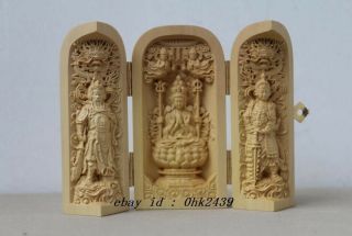 Old Boxwood Purely Handwork Carved Buddha Prayer Amulet Box Exorcism Statue