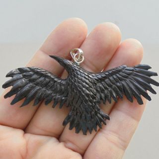 Raven Pendant,  Raven Carving From Buffalo Horn Carving With Silver Bail 012306
