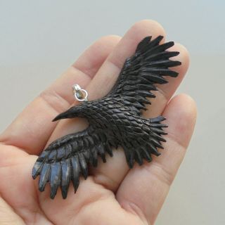 Raven Pendant,  Raven Carving From Buffalo Horn Carving with Silver Bail 012306 2
