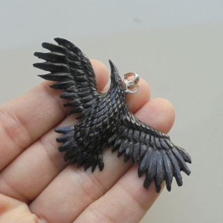 Raven Pendant,  Raven Carving From Buffalo Horn Carving with Silver Bail 012306 3