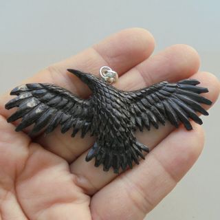 Raven Pendant,  Raven Carving From Buffalo Horn Carving with Silver Bail 012306 5