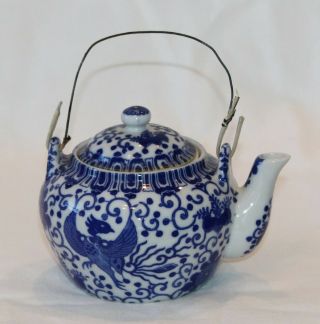 Vintage Japanese Chinese Porcelain Blue White Phoenix Bird Bird Transfer Teapot