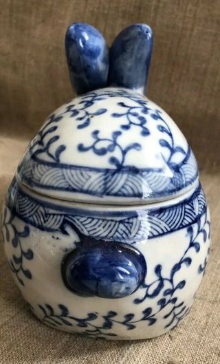 Chinese Porcelain Blue and White Bunny Rabbit with Removable Lid Trinket Dish 4