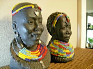Carved Ebony African Tribal Heads Art Vintage Man And Woman Bust
