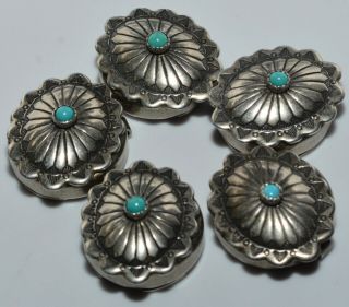 5 Vintage Navajo Sterling Silver Turquoise Bead Oval & Etched Button Covers A, 2