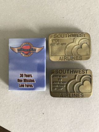 2 Southwest Airlines Belt Buckles.  Mci And 10yr Anniv.  Vintage And Pre - Owned.
