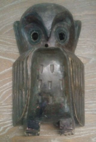 Vintage Mexican Festival Owl Mask Carved Wood Folk Art 11 " Some Painting