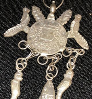 Vtg Guatemala Coin Necklace Chachal Milagros Birds And Fish Charms 36grams