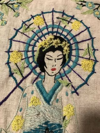 Vtg Embroidery Oriental Geishas Asian Wall Hanging 24 " X26 " Completed Crewel Euc