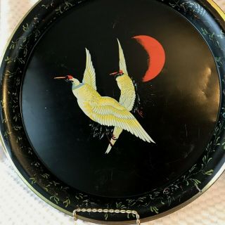 Vintage Round Serving Tray Cranes In Flight Moonlight Metal Black Gold Beer Tin