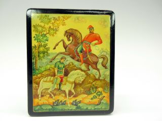 Vintage Russian Hand Painted Lacquer Box Showing A Peasant And Noble On Horse