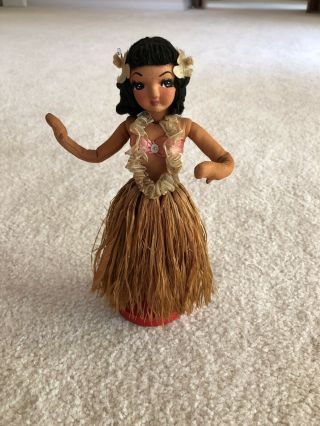 Unusual Vintage Hawaiian Hula Girl Cloth Figurine Doll With Grass Skirt