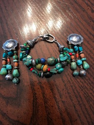 Boho Chic Sterling Silver Turquoise Bracelet & Matching Concho Earrings