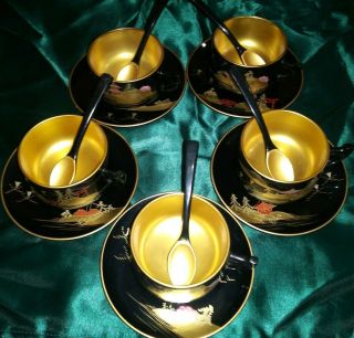 Vintage Collectible Japanese Set (5) Black Lacquer Tea Cups & Saucers W/ Spoons