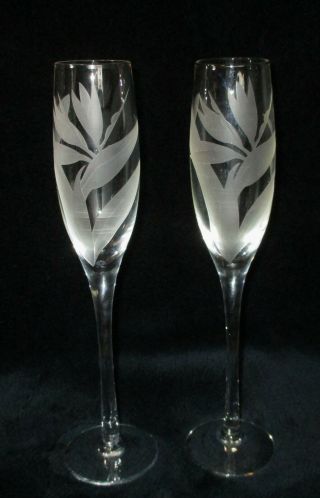 Hawaii 2 Vintage Etched Champagne Flutes Bird Of Paradise 11 " Tall Barware