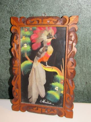 Vtg Mexican Feathercraft Framed Hand Painted Real Feather Bird Picture Folk Art