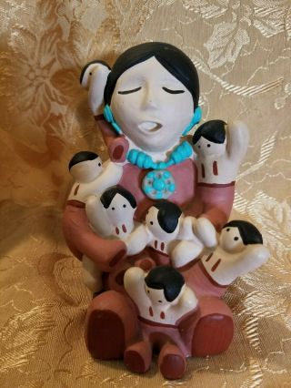 Southwest Heritage Native American Pottery Storyteller Doll 7 Children Signed
