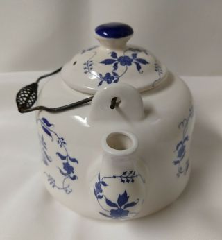 BLUE AND WHITE CERAMIC TEAPOT WIRE HANDLE CM,  INC CHADWICK MADE IN JAPAN 3