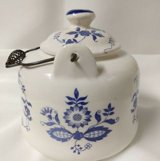 BLUE AND WHITE CERAMIC TEAPOT WIRE HANDLE CM,  INC CHADWICK MADE IN JAPAN 4