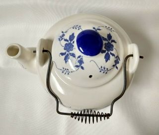 BLUE AND WHITE CERAMIC TEAPOT WIRE HANDLE CM,  INC CHADWICK MADE IN JAPAN 5