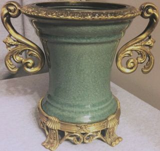 Celadon Pottery Porcelain Pot Cachepot Bronze Brass Ormolu Feet Handles Rim Bowl