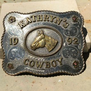 Trophy Quarter Horse Large Silver Belt Buckle - 1992 - Custom - Pink Stone Accents