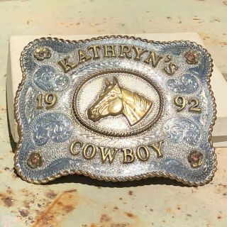 Trophy Quarter Horse Large Silver Belt Buckle - 1992 - Custom - Pink Stone Accents 2