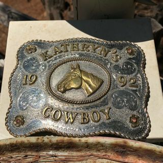 Trophy Quarter Horse Large Silver Belt Buckle - 1992 - Custom - Pink Stone Accents 4