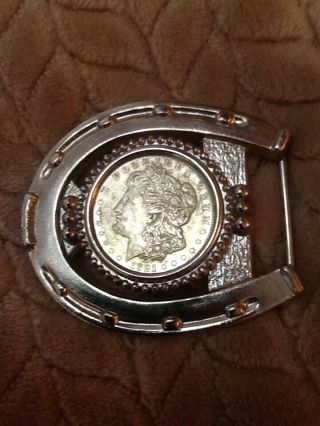 Vtg Silver Metal Horseshoe Belt Buckle Set W/1921 Morgan Silver Dollar
