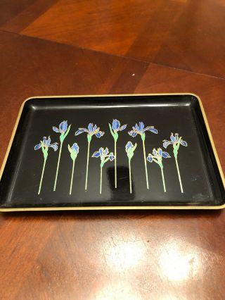 Vintage Otagiri Blue Iris Black Tray Jewelry Serving Laquerware 8 " X 5.  5 " Japan