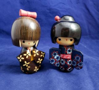 Two Kokeshi Wooden Doll Japanese Traditional Craft Kawaii Signed