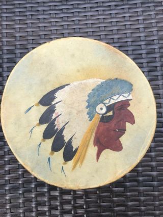 1940s VINTAGE NATIVE AMERICAN INDIAN DRUM - Rawhide Hand Painted & Tied 2