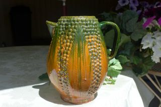 Mexico Pitcher Vintage Antique Folk Art Terracotta Pottery Glazed Corn Water