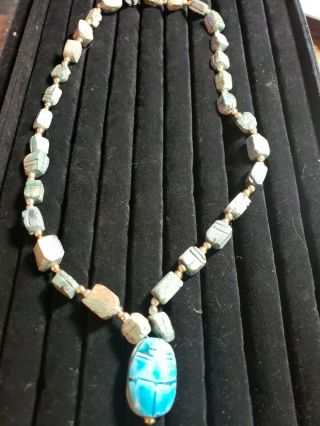 Egyptian Scarab beetle Necklace ceramic beads turquoise Vintage Egypt religious 2