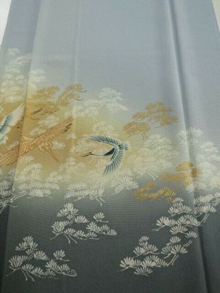 1t05z80 Japanese Kimono Silk Fabric Gray Flying Crane 53.  5 "